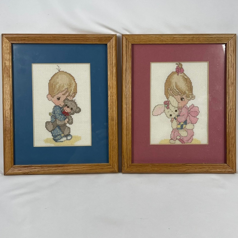 Vintage Precious Moments Style Cross Stitch Set 9x11 Wood Frames Boy Girl Set 2